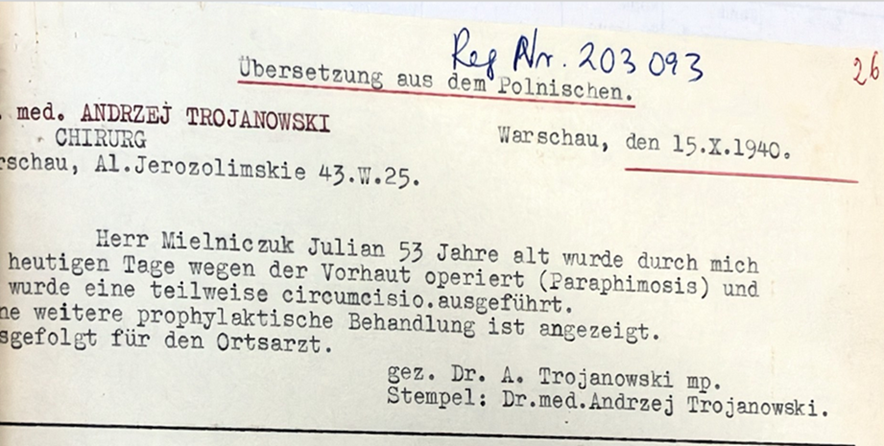 A notary translation of the document issued by Dr. Trojanowski confirming that he performed paraphimosis surgery on my grandfather.