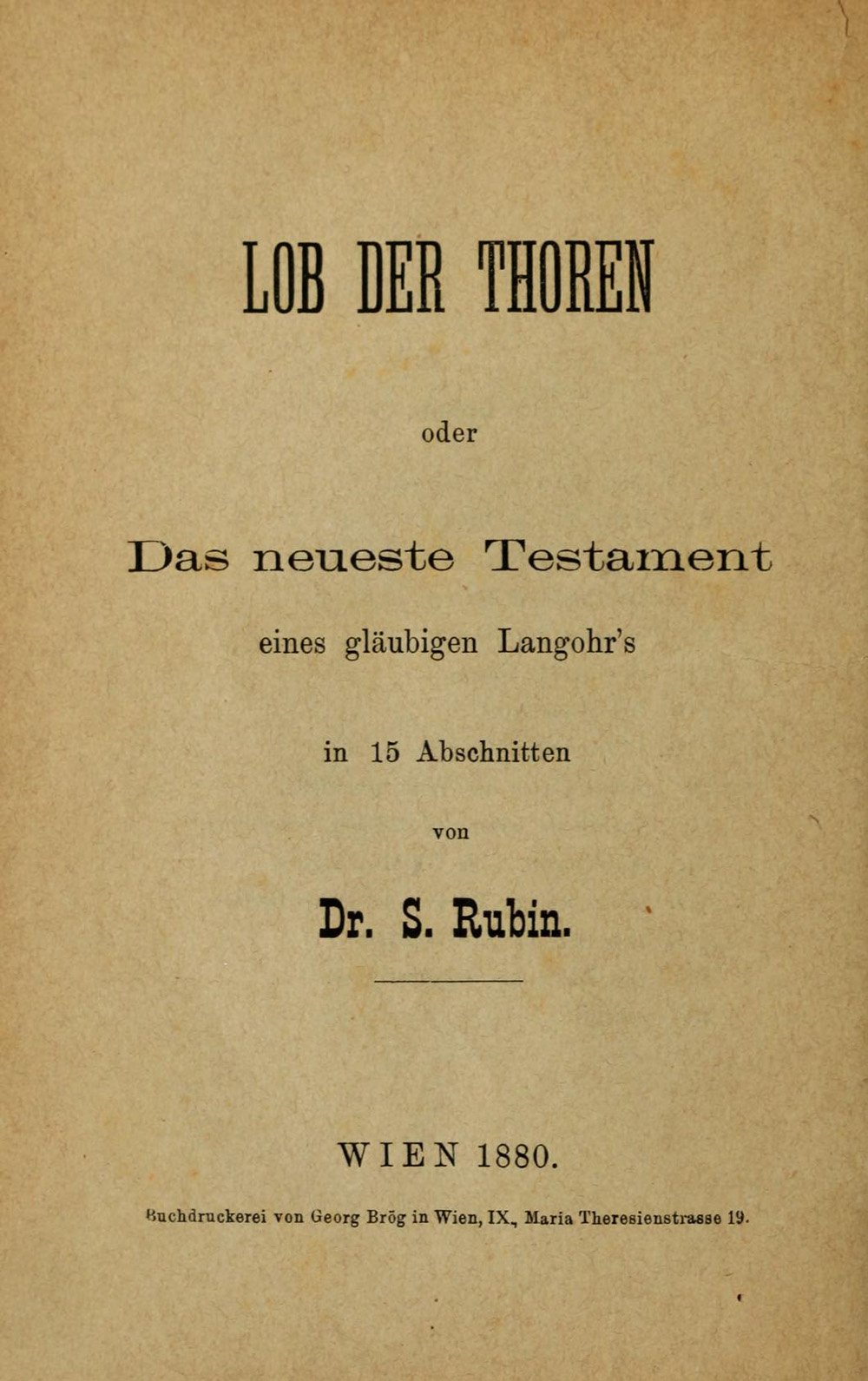 Book cover for LOB DER THOREN (Praise of Fools), Dr. S. Rubin, WIEN 1880