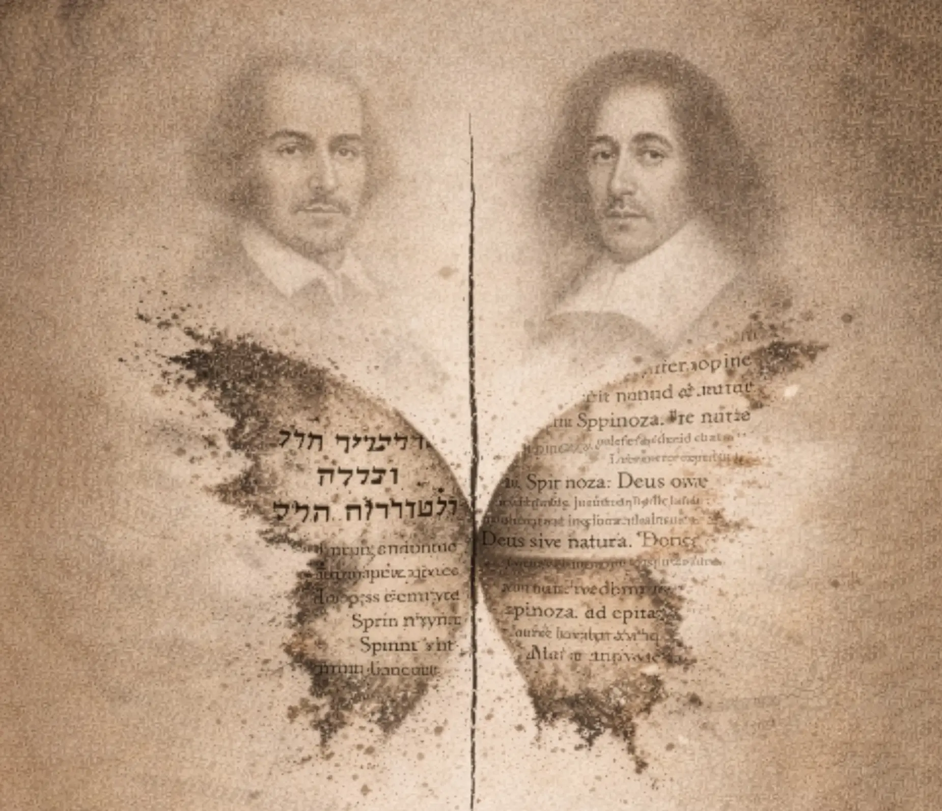 An illustration of a butterfly made up of Hebrew and Latin text with the word "spinoza" visible on the right wing.
